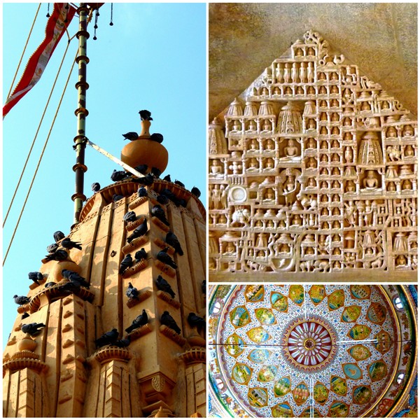 Clockwise from Left: The spire of Ladrava Temple; details of a carving from the Ranakpur Temple; and a painted ceiling from the Bhadnesar Temple