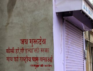 This graffiti is a message from Maharaj ji Sajjan who says that "cow killers should be hanged to death and make the cow the national animal of India."